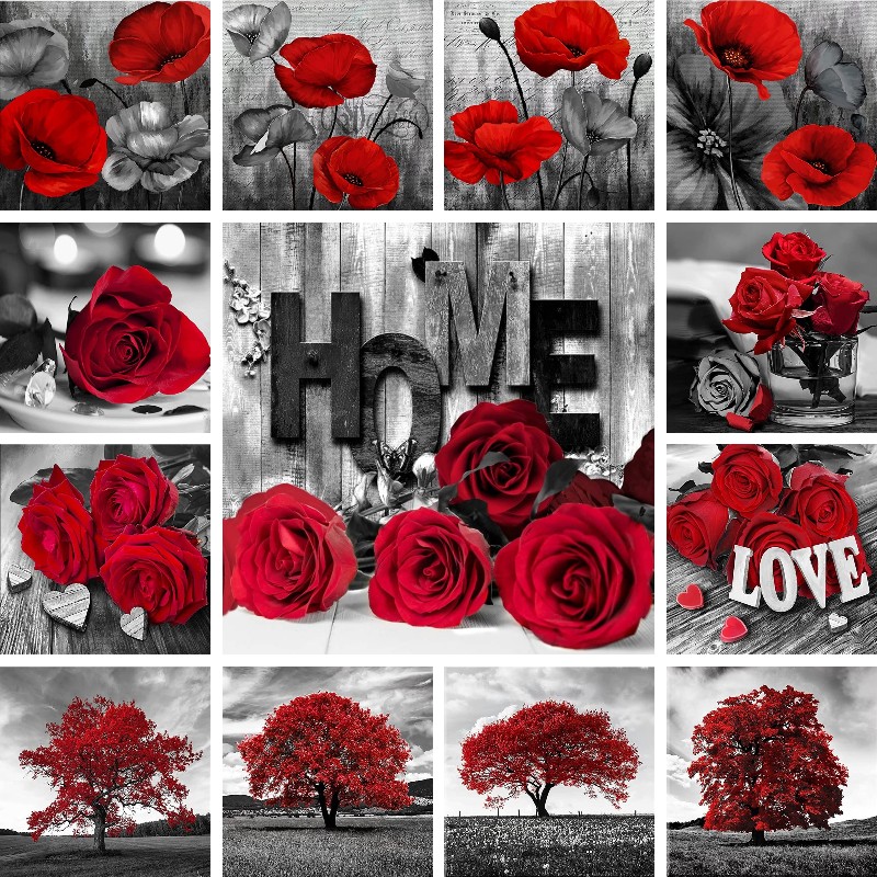 Resin Art Rose - Mosaic Diamond Red Black Art Landscape